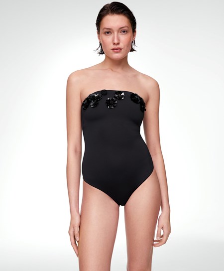 Oysho Sequinned Flowers Bandeau Swimsuit μαυρα | LUAQBK-845