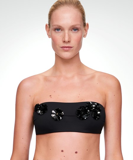 Oysho Sequinned Flowers Bandeau Μπικίνι Top μαυρα | ARVUCX-318