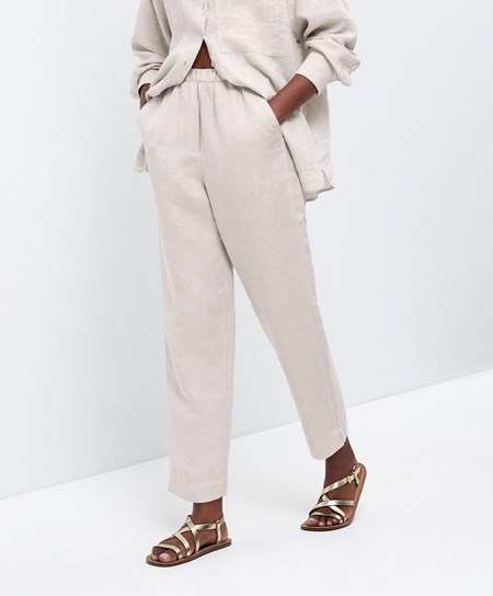 Oysho Slim Fit Linen Trousers Sand Melange | QPGKND-174