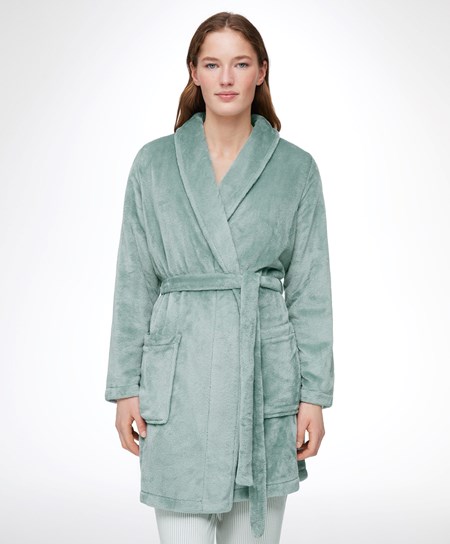 Oysho Soft-touch Fleece κοντο Dressing Gown τυρκουάζ πρασινο | QAFCTZ-249