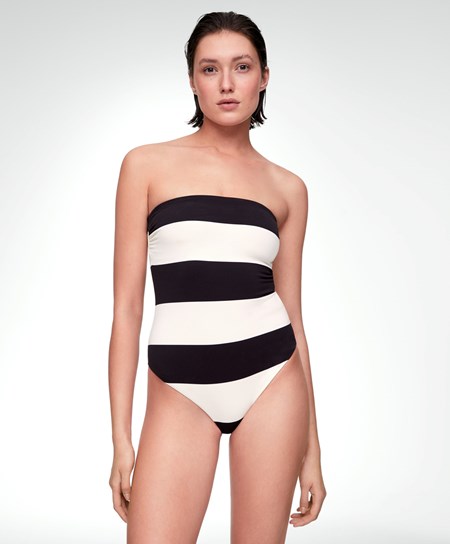 Oysho Stripe Piqué Bandeau Swimsuit μαυρα | OHUNAX-178