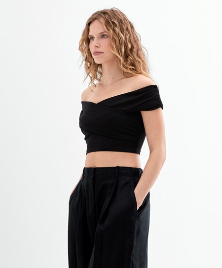 Oysho Wrap Off-shoulder Top μαυρα | PIUAJD-152