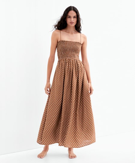 Oysho strappy Ruched Polka Dot φορεμα Caramel | MPOIFA-591