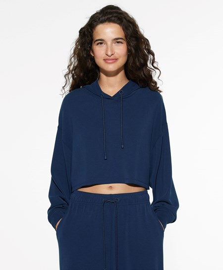 Oysho Κουκουλοφόρος Modal Crop Sweatshirt σκουρο μπλε μπλε | TLMBYQ-649