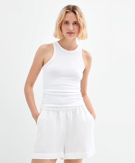 Oysho Πλευρωτός Vest Top Pale Ecru | NQGPWT-825