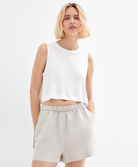 Oysho αμανικα Linen T-shirt ασπρα | QELYSC-736