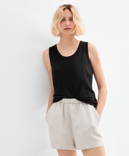 Oysho αμανικα Linen T-shirt μαυρα | PFJXSK-439