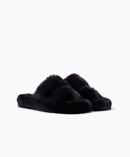 Oysho συνθετικο Fur Double λουρακια Sandals μαυρα | MSJVPA-963