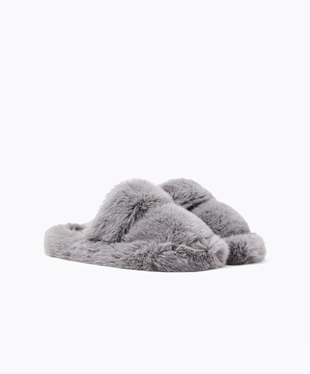 Oysho συνθετικο Fur Double λουρακια Sandals γκρι | WAGKCI-543